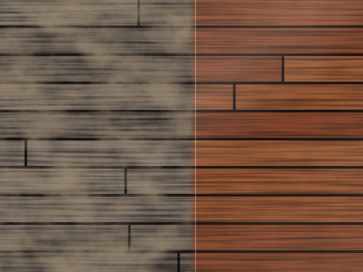 Weathered grey decking boards beside a freshly brushed section showing the timber colour