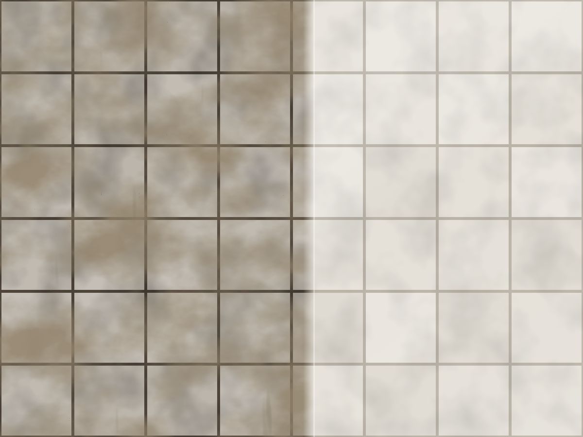 Square floor tiles with dark, dirty grout beside clean tiles with light grout lines