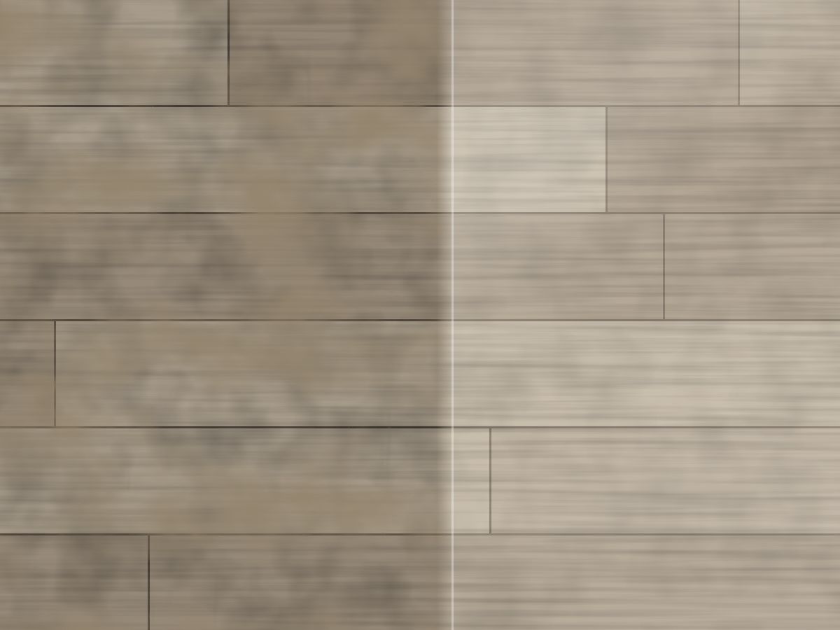 Vinyl planks, half cleaned, showing the difference a brush clean makes